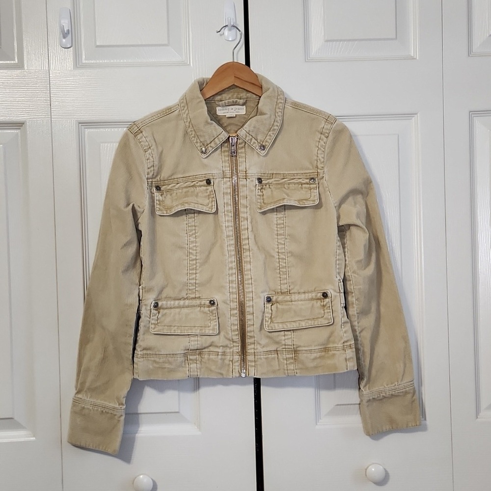 Tommy Jeans Tan Corduroy Full Zip Utility Jacket Beige Elastic Waist L/G Retro
